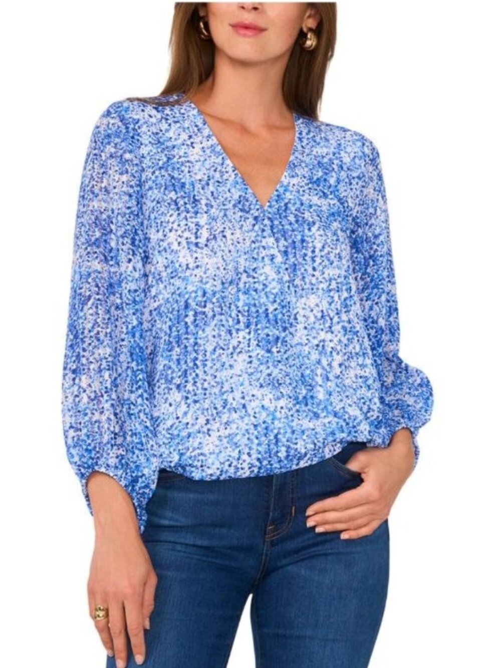 $89 Vince Camuto Women's Printed V-Neck Balloon-Sleeve Faux-Wrap Top Size XS